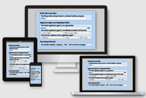 Responsive forms shown in smartphone, tablet and desktop